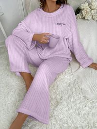 2pcs/Set Plain Home Wear Set With Letter Embroidery Lilac Purple Casual-Woman    Letter Pant Sets Non-Stretch Fall/Winter Women Sleep & Lounge, size features are:Bust: ,Length: ,Sleeve Length: