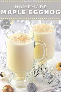 This easy homemade eggnog is deliciously smooth, lightly thick and creamy with a hint of nutmeg, and sweetened with pure maple syrup. And it's cooked, so there's no raw eggs to worry about. Serve it as-is for a delicious non-alcoholic eggnog, or add your favorite spirit (such as rum, whiskey, bourbon, or brandy) to make a spiked eggnog. Either way, it's the perfect holiday drink! Get the recipe and give it a try!