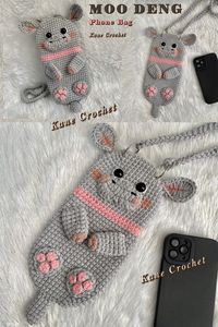 CROCHET PHONE BAG 🦛 Crochet Moo Deng Tutorial 🦛 Crochet Hippo Materials 😊 1. Cotton yarn size 2 mm. 2. Crochet hook size 3 mm. 3. Crochet hook size 3.5 mm. 4. Metal loop ring 2 pcs. 5. Zipper length 13 cm. 6. Eyes size 14 mm. 7. Glue  Finished size: Height 22 cm. Width 11  cm.