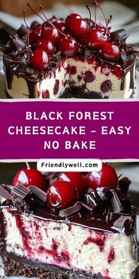 ✨ Whip up this easy Black Forest cheesecake without turning on the oven! 🍒🍫 A rich, no-bake dessert layered with chocolate, cherries, and velvety cheesecake filling. Perfect for busy bakers who want a stunning and delicious dessert! #EasyCheesecake #NoBakeDesserts #BlackForestRecipe #SweetTreats #ChocolateDesserts