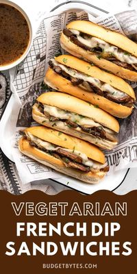 These portobello mushroom Vegetarian French Dip Sandwiches feature a salty-sweet herb-infused vegetarian au jus for dipping. BudgetBytes.com