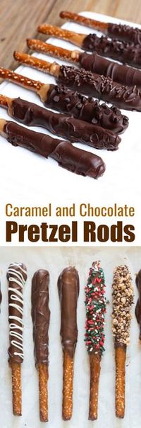 Caramel and Chocolate Dipped Pretzel Rods make the BEST holiday treat and gift for neighbors, teachers and friends at Christmas or any time of year! Made with homemade caramel, semi-sweet chocolate and your favorite toppings. | tastesbetterfromscratch.com via @betrfromscratch