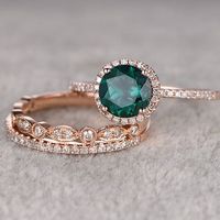 3pcs Emerald Engagement ring Set!14k rose gold,Diamond wedding band,7mm Round Cut,Bridal Ring,Retro Vintage,Art Deco,Lab-Treated Green stone