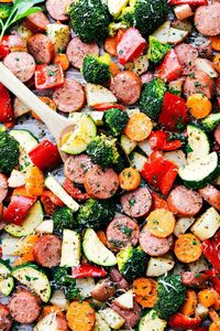 ONE PAN Healthy Italian Sausage & Veggies! Easy and delicious! Great MEAL PREP OPTION! via chelseasmessyapron.com