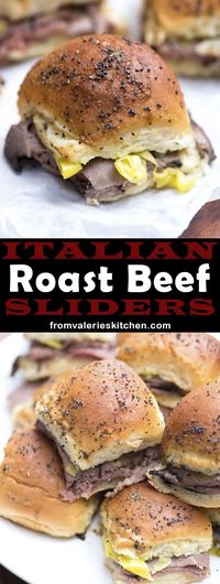 These Italian Roast Beef Sliders involve simple ingredients, take just minutes to prepare, and are packed with flavor! They're made with deli roast beef nestled between toasted Hawaiian rolls with tangy pepperoncini and melted provolone cheese.