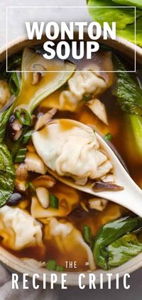 This homemade wonton soup is better than Chinese takeout and so easy to make! Enjoy the comforting flavors of tender wontons, vegetables, and warm broth seasoned with classic Chinese flavors of ginger, soy sauce, sesame oil, and garlic.