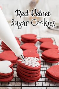 Red velvet sugar cookies are easy to make and hold their shape in the oven. The dough can be made ahead and refrigerated or frozen, too! Pretty red color and red velvet flavor makes them the perfect recipe for Valentine's day.