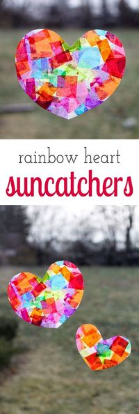 Rainbow Heart Suncatchers with tissue paper and glue, perfect for Valentine's Day!