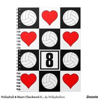 Volleyball & Heart Checkered Custom Jersey Number Notebook