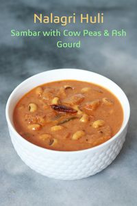 Nalagri Sambar or Nalagri Huli is a traditional Hebbar Iyengar Sambar made with Black Eyed Peas, Tuvar Dal, and Ash Gourd.  This delicious Sambar is savoured with rice and papad.