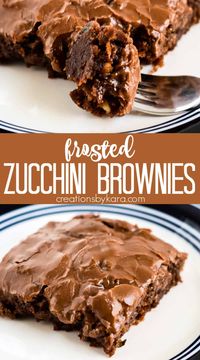 Fudgy, decadent Zucchini Brownies with chocolate frosting. One of the most tasty ways to use up zucchini! If you peel the zucchini, no one will even know it's there! #zucchinibrownies #brownies #zucchini #chocolatefrosting -from Creations by Kara