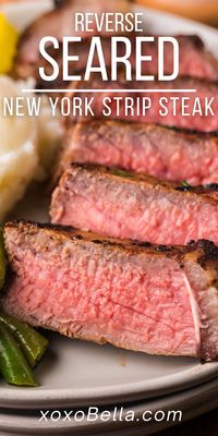 Do you know how to reverse sear a steak and why this is such a great cooking method? Reverse seared New York strip steak is an easy recipe to follow. Out comes a truly juicy, tender and perfectly cooked steak. However you like your meat, you're sure to love this succulent treat, paired with your favourite sides. Starting the steak in the oven and finishing it off with searing on the stove ensures a juicy, succulent and totally delicious result. #reverseseared #steak #NYstripsteak