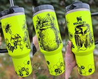 Authentic Neon Yellow Stanley Quencher with sublimated bees and honey design. The design is permanently baked into the coating of the Stanley and will not fade with normal use or washing. (hand wash suggested). It looks slightly like an engraving, but is a completely different process. This is a true Stanley Quencher ordered from the Scheels and customized in-house. All tumblers are made to order but will be made and shipped as soon as possible.  Please do not hesitate to reach out if you have any questions!