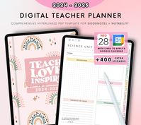 With this purchase, you will get the Digital  Teacher planner 2024-2025 (portrait version), perfect to help you achieve your goals! Do not get overwhelmed with a lot of templates and get a concise, easy, beautiful and simple digital planner! Product information: * Your purchase includes Digital Teacher Planner 2024-2025. * Perfect for GOODNOTES AND NOTABILITY. * Because of the nature of the product (instant download) no refunds will be given * It is intuitively HYPERLINKED throughout, for quick