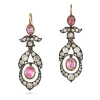 A Pair Of Antique Foiled Pink Topaz And Diamond Drop Earrings In Yellow Gold And Silver, Each Set Auction