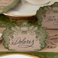 A moss green flourish of oak leaves and ferns is a perfect addition to your tablescape! Our Moss Fable Toile Place Cards can be used for both individual place settings and labeling dishes and drinks. Set of 12 Approx. 4.9" x 4.3" flat; 4.9" x 3.25" folded