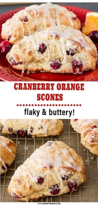 Flaky moist and buttery cranberry orange scones topped with a sweet orange-vanilla glaze.