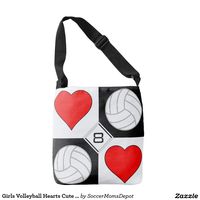 Girls Volleyball Hearts Cute Custom Cross-Body Bag: Add your own jersey number or initial! #volleyball #volleyballbag #volleyballgifts #volleyballbags