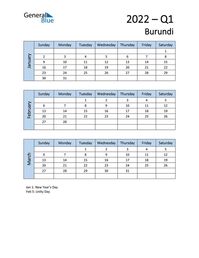 Free quarterly calendar for Burundi with holidays. Holiday calendars in PDF, Word, and Excel are printable and easy to customize.