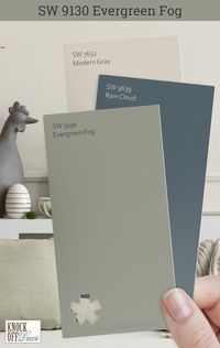 Sherwin-Williams Evergreen Fog is a canvas for creativity. I've had fun experimenting with colors that play up its sophistication such as here with SW Rain Coud and Modern Gray. Click to see my other stunning combinations in my full palette review.