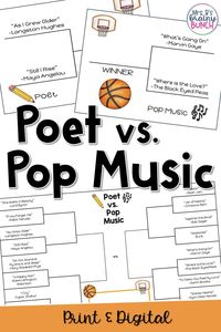 Are you looking for an engaging way to teach poetry in your middle school classroom? Try this March Madness poetry competition complete with brackets for your classroom bulletin board. These activities are perfect for teaching the elements of poetry found both in poems and songs. The lessons have your students identifying theme, mood, and poetic devices in classic poetry and music lyrics as they compete in a head-to-head competition. Guaranteed to be a hit with your middle school students.