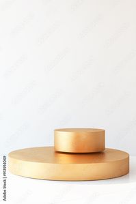 Empty golden product display podium setup with two gold circular podiums of different sizes against white wall Stock Photo | Adobe Stock