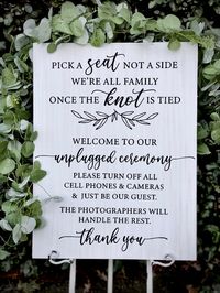 PICK A SEAT, NOT A SIDE/UNPLUGGED CEREMONY WEDDING SIGN. 2 IN 1 WEDDING SIGN. CAN BE CUSTOMIZED WITH WORDING TO YOUR LIKING. ALL OF OUR SIGNS ARE CUSTOM MADE TO ORDER. WE OFFER THIS SIGN IN 16X20, 18x24 & 30x24. PLEASE SELECT FROM THE TWO LEAFY MOTIF OPTIONS. INDICATE LEAFY OPTION ON WHITEWASH BOARD OR ON JACOBEAN BOARD WHEN CHECKING OUT. ALL OF OUR SIGNS ARE SEALED WITH A PROTECTIVE TOPCOAT FOR DURABILITY. PICTURED IN THIS LISTING IS OUR MOST REQUESTED WHITEWASH FINISH WITH BLACK LETTERING BUT