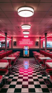 Travel back in time at the 1950s Diner, showcasing checkered floors, neon lights, jukeboxes, and classic American cuisine. This nostalgic spot brings the 1950s era to life with charm and flair. #1950sDiner #RetroNostalgia #ClassicAmericanCuisine #NeonLights #VintageCharm