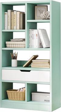 Amazon.com: IOTXY Wooden Open Shelf Bookcase - 51 Inches Height Freestanding Display Storage Cabinet Organizer with 7 Cubes and a Drawer, Floor Standing Bookshelf in Tiffany-Green : Home & Kitchen