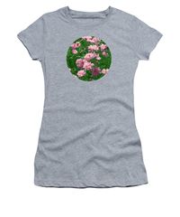 Purchase a womens t-shirt featuring the design "Blooming Pink Pinks  #1" by Ira Niva.  Available in sizes S - XXL.  Each t-shirt is printed on-demand, ships within 1 - 2 business days, and comes with a 30-day money-back guarantee.