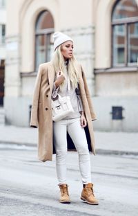 neutral winter outfit with timberland boots bmodish