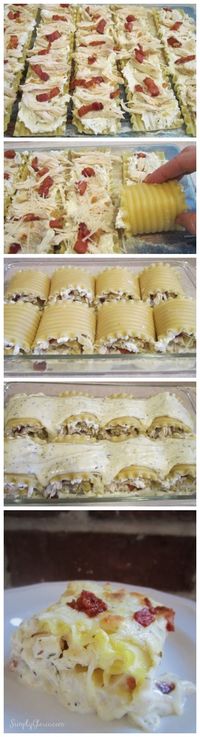 Chicken Bacon Lasagna Roll Ups. Each pasta is filled with an abundance of cheeses; tender, shredded chicken; crispy bacon sauteed with onion and garlic; and finally, topped with Alfredo cream sauce!