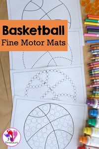 Free Basketball Fine Motor Dot Marker Printables - with four pages of printables with basketball template to color, basketball to trace, basketball to q-tip and a dot marker basketball, all great for spring and summer fine motor centers. - 3Dinosaurs.com #basketball #finemotor #prek #preschool #tot #kindergarten #basketballforkids #3dinosaurs #freeprintable