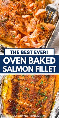 This Oven Baked Salmon is brushed with garlic butter, then sprinkled with a delicious brown sugar spice mix for the perfectly baked, flavorful salmon fillet. This is hands-down the best and easiest way to prepare salmon fillet for dinner!. | #salmon #healthyrecipe #healthyfood #healthycooking #salmonrecipe #fishrecipes #realfood #easydinner #dinner