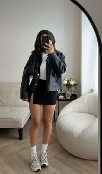 Leather jacket outfit, black skirt outfit, 90s shoes outfit, date outfit, night outfit womens fashion,