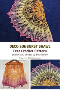 Dec 28, 2020 - To quote someone:”The sun rising itself doesn’t even look half as good!” This lightweight summer shawls is a great summery shawl with a light and lacy crochet design. Inspired by a stained glass window the delightfully lacy Deco Sunburst Shawl by Suvi Geary is a great free crochet pattern to use to create a gorgeous ac…