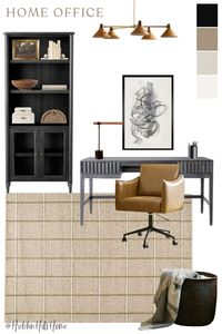 This stunning home office mood board features black and leather tones! It has a modern masculine feel! This home office space would make working so much easier! Men’s home office decor inspiration