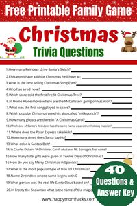 Fun & Easy Free Printable Christmas trivia questions and answers for family Christmas parties, class parties, or holiday parties with friends. Fill in the blank holiday quiz to test your knowledge with 40 questions that kids, teens & adults can answer. Use all 40 quiz questions at once or split it up into two party games with 20 holiday trivia questions on each page. A free print and play game!