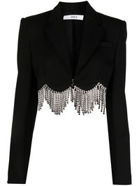 Black cotton blend crystal-embellished cropped blazer from Area featuring crystal embellishment, notched lapels, chest welt pocket, front hook and eye fastening, long sleeves, scallop hem and cropped.