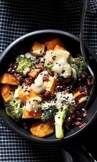 Miso sweet potato and broccoli bowl (veganize: substitute honey with vegan sweetener)