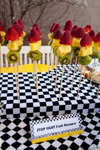 stop light fruit skewers- Birthday Bike Bash; use green grapes instead