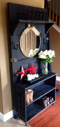 Antique door made into hall tree with handmade shelf and shutter shelf table…