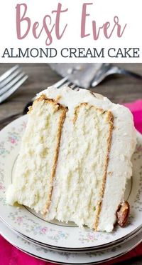 Light, moist and velvety, this Almond Cream Cake has a homemade cooked, whipped frosting that pairs perfectly with the almond cake. Decorate the cake simply with sliced almonds. #cake #creamcake #almondcake #birthda #flourfrosting