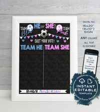 He or She? What is Kicking Mommy's Belly? Find out if your new baby is Team Blue or Team Pink - or any colors that you like! Perfect for a Soccer Gender Reveal Party! Fully editable digital template allows you to easily change the Old Wives Tales, move the circles, change colors and personalize with your name!   #oldwivestalesboard #genderrevealchalkboard #heorshe #teamblue #teampink #soccergenderreveal #soccerthemeparty #whatskickingmommysbelly #uniquedigitaldesigns #instantdownload