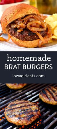 Homemade Brat Burgers are homemade brat patties made with just ground pork and everyday spices. You'll be making this easy grilling recipe all summer long! | iowagirleats.com keywords: grilling recipes, grilling ideas, grilling ideas for dinner, gluten free grilling recipe, pork burgers