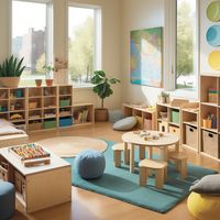 Set up your classroom with natural wood furniture to make a calming environment for children. Rearrange these shelves and panels to fit your space.