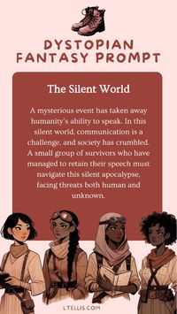 WANT MORE PROMPTS? CLICK THE LINK. A mysterious event has taken away humanity’s ability to speak. In this silent world, communication is a challenge, and society has crumbled. A small group of survivors who have managed to retain their speech must navigate this silent apocalypse, facing threats both human and unknown.  Magic intrigue, Fantasy Prompt, Historical Fantasy, Writing Prompt, Unique Book Idea, Writing A Book, Writing Inspiration, Writing Tips, Book Inspiration, Creative writing prompts fiction