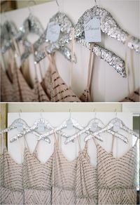 hang your bridesmaids dresses on silver sequin hangers like these http://www.weddingchicks.com/2014/03/11/newport-beach-glittery-pink-wedding/