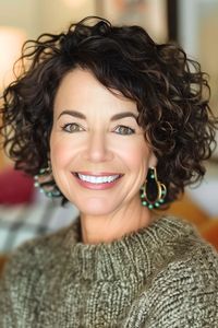 Textured Curly Crop With Side Part Hairstyle on a smiling woman in her 60s with dark brown hair.