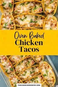 How to make the BEST baked chicken tacos (step by step recipe and video). This oven baked tacos are made for a crowd, perfect for family dinners, Cinco de Mayo, or an big gathering. #thecookierookie #tacos #chicken